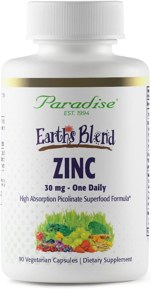 Paradise Herbs Zinc Supplements with Picolinate and Natures C, for Immune Support, Super Potent, Ultra Pure, Gluten Free, Non-GMO, Vegan, 30 mg, 90 Capsules