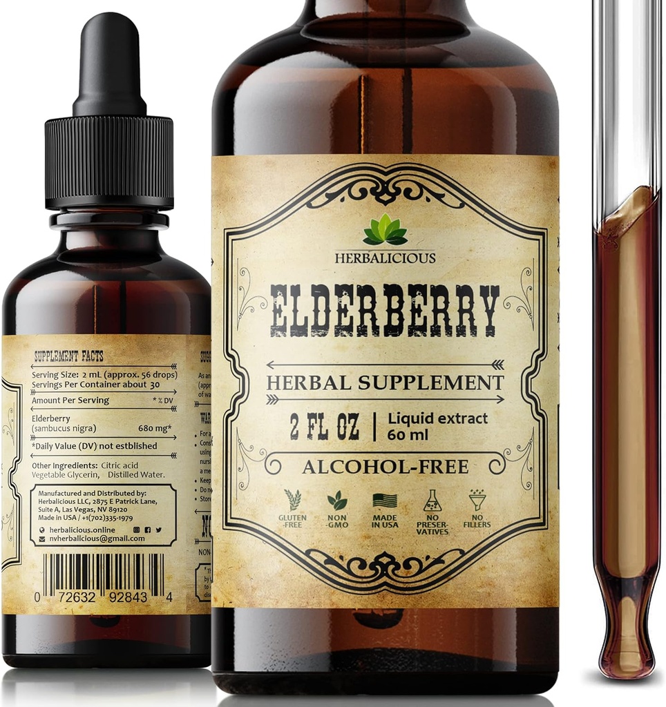 Organic Elderberry Extract – Natural Black Elderberry Herbal Supplement – Immune Boosters for Adults, Digestive & Heart Support – Αντιοξειδωτικά, Βιταμίνη C & Fiber – 2 oz Liquid for Men & Women