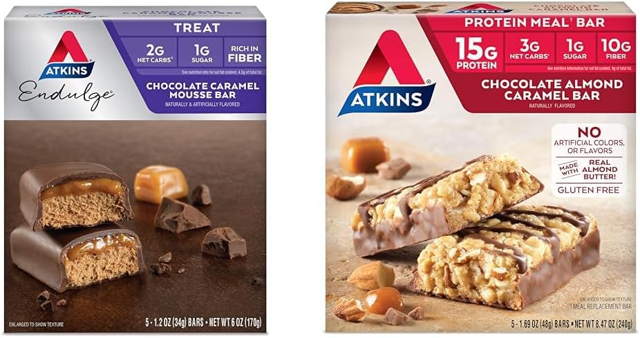 Atkins Endulge Σοκολάτα Caramel Mousse Bar, Γλυκό Αγαπημένο, 1g Ζάχαρη, Υψηλή σε Fiber, 5 Count & Chocolate Almond Caramel Bar, Keto-Friendly, Gluten Free with Real Almond Butter, 5 Count (Pack of 1)