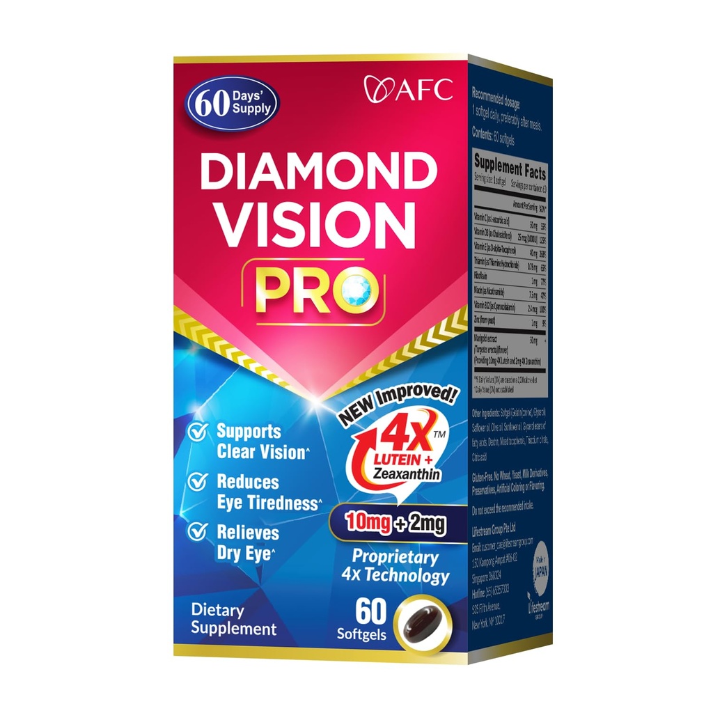 AFC Japan Diamond Vision PRO – Βελτιωμένη, Up-Sized Formula - Λουτεΐνη & Ζεαξανθίνη 4X με Βιταμίνες ματιών – Συμπλήρωμα Οπτικής Υγείας για Ενήλικες, Έκθεση οθόνης, Νυχτερινή Χρήση, 60 Softgels