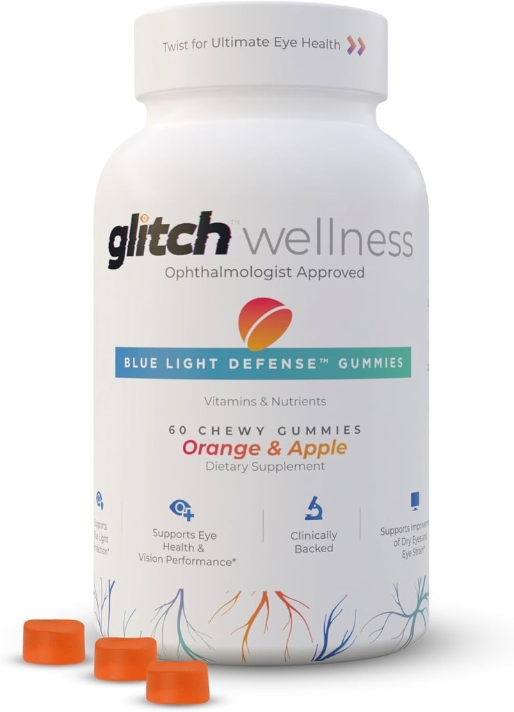 Glitch Gummies for Dry Eyes Blue Light Defense – Vegan, Sugar Free Zeaxanthin και Lutein Gummies for Eyes Συμπληρωματικό για ενήλικες και ηλικιωμένους (60 Count - 1 Bottle)