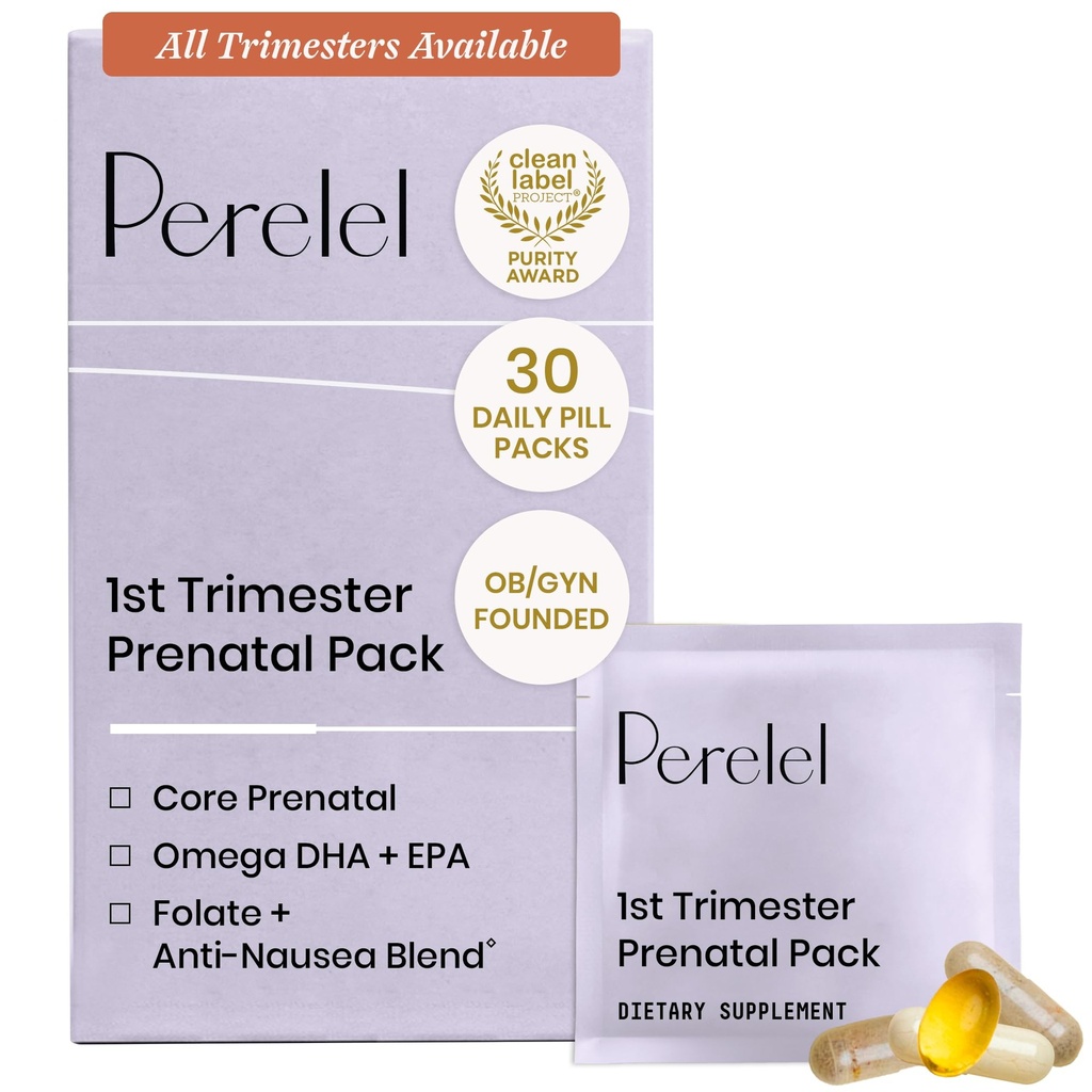 Perelel 1ο Trimester Prenatal Pack, Πολυβιταμίνη με Φολικό, Βιταμίνη D, Ωμέγα 3, Σιδήρου & Τζίντζερ, Διατροφική Υποστήριξη για την Πρώιμη Εγκυμοσύνη, Χωρίς Σόγια & Γλουτένη, Μη ΓΤΟ, 30 Daily Pill Packs