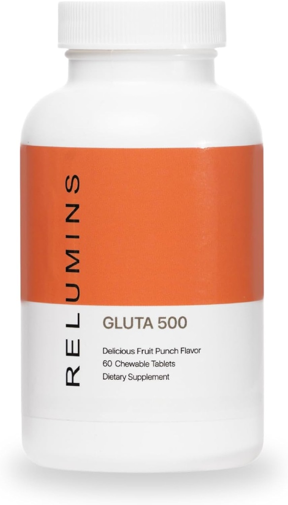 Relumins Gluta 500 Μασώμενα Δισκία με Γλουταθειόνη, Υαλουρονικό Οξύ, Βιταμίνη C, Βιοτίνη & Κολλαγόνο – Υποστηρίζει τον τόνο του δέρματος και την λάμψη – Fruit Punch Γεύση – Made in USA – 60 Tablets