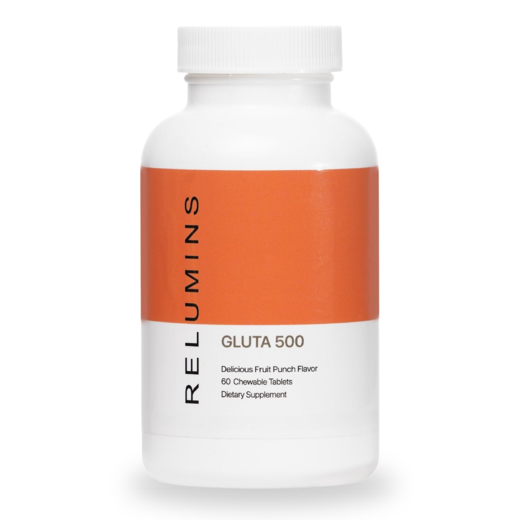 Relumins Gluta 500 Μασώμενα Δισκία με Γλουταθειόνη, Υαλουρονικό Οξύ, Βιταμίνη C, Βιοτίνη & Κολλαγόνο – Υποστηρίζει τον τόνο του δέρματος και την λάμψη – Fruit Punch Γεύση – Made in USA – 60 Tablets