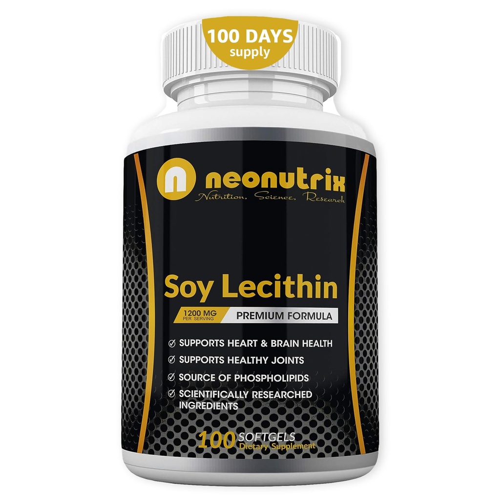 Soy Lecithin Capsules 1200mg (One a Day, 100 Softgels) Immune Support Supplement Rich in Phospholipids Supports Metabolism, Brain & Heart Health & Cell Functions Made in the USA Non-GMO by Neonutrix