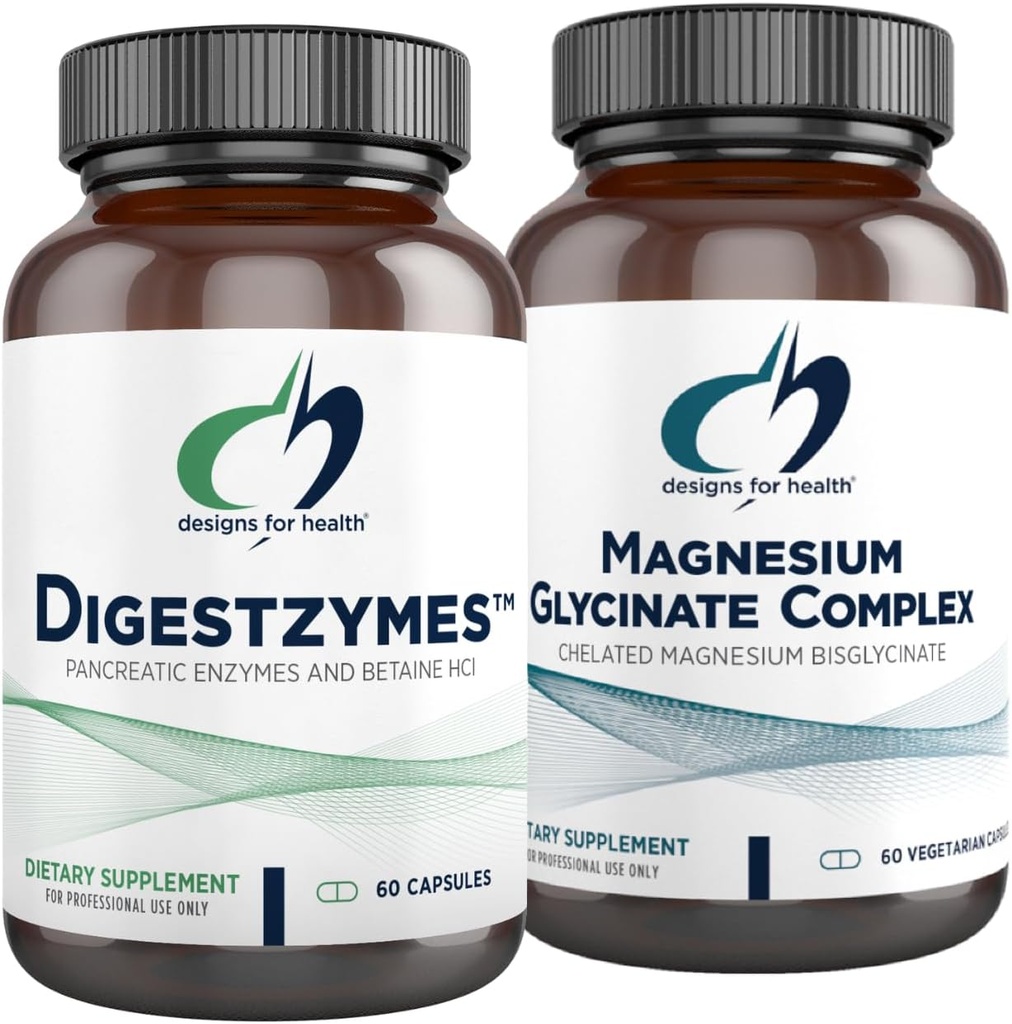 Σχέδια για την υγεία Glycinate Magnesium Complex (60 κάψουλες) & Digestzymes (60 κάψουλες) Bundle - Digestive Enzymes for Occasional Gas & Bloating with High Abvorces Magnesium Supplement