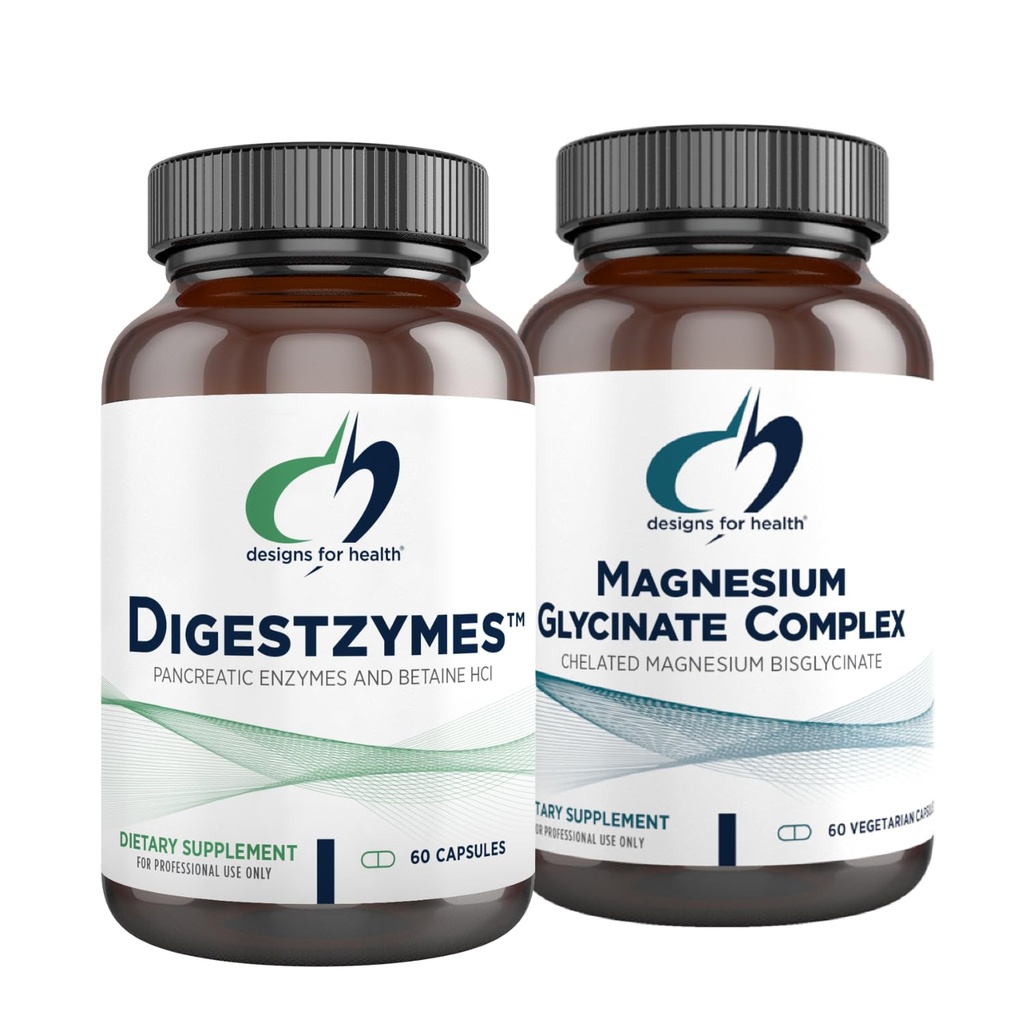 Designs for Health Magnesium Glycinate Complex (60 Capsules) & Digestzymes (60 Capsules) Bundle - Digestive Enzymes for Occasional Gas & Bloating with High Absorption Magnesium Supplement