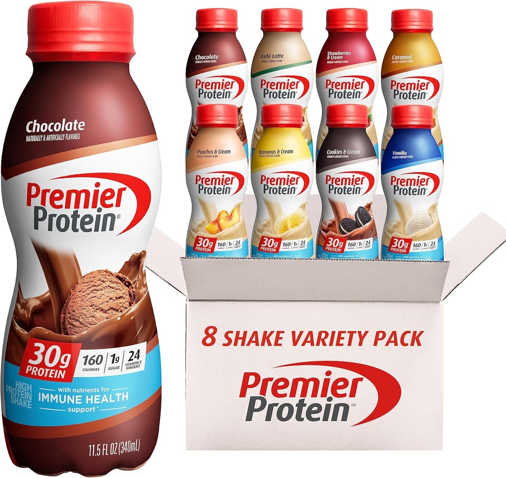 Premier Protein Shakes, 8 Flavor Variety Pack, 30g Protein, 1g Ζάχαρη, 24 Βιταμίνες & Ορυκτά, Θρεπτικά συστατικά για την υποστήριξη της ανοσοποιητικής υγείας 11.5 Fl Oz (8 Pack)