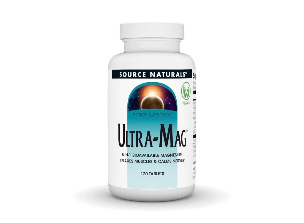 Source Naturals Ultra-Mag, 5- in-1 Bioδιαθέσιμο μαγνήσιο - Χαλαρώνει τους μυς και ηρεμεί τα νεύρα* - 120 Vegan Tablets