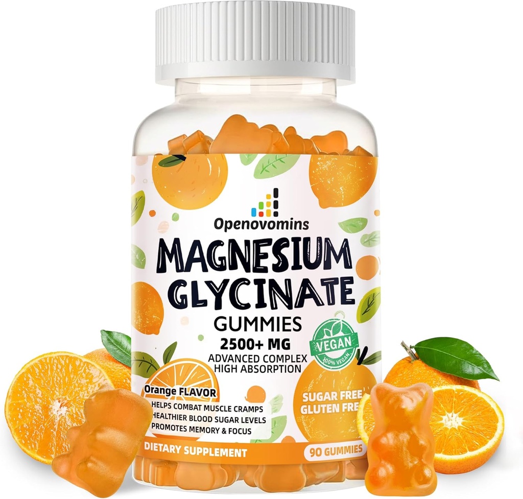 Μαγνήσιο Γλυκινικό Gummies- Συμπλήρωμα μαγνησίου χωρίς ζάχαρη με βιταμίνη D, B6, CoQ10 για υποστήριξη ηρεμίας & ύπνου - 90 Orange Gummies