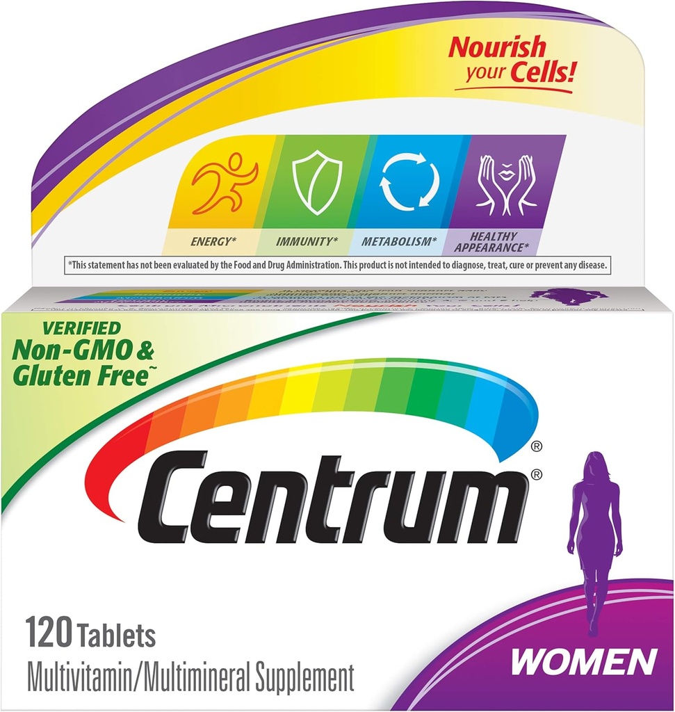 Centrum Multivitamin Tablet για γυναίκες, Multivitamin/ Multimineral Συμπλήρωμα με σίδηρο, βιταμίνη D3, Β Βιταμίνες και Αντιοξειδωτικές Βιταμίνες C και E, Χωρίς γλουτένη, Μη ΓΤΟ Συστατικά - 120 Μέτρα