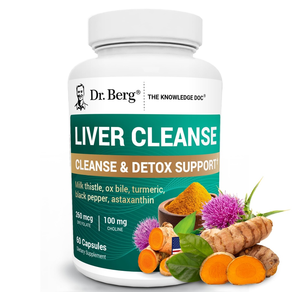 Dr. Berg Liver Cleanse Detox Capses w/Unique Blend of Milk Thistle, Ox Bile & Folate - Συμπλήρωμα ήπατος Περιλαμβάνει Κουρκουμάς, Μαύρο πιπέρι & Choline - 60 κάψουλες