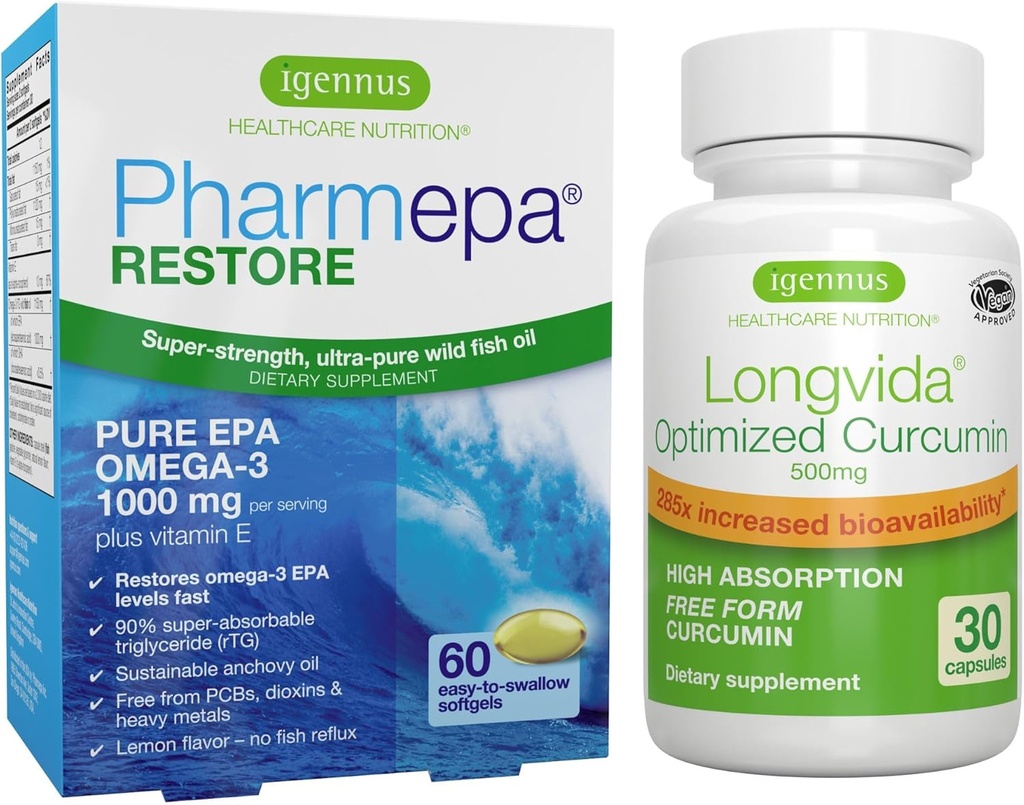 Pharmepa Επαναφορά & Longvida Lipida Curcumin 500mg Bundle, 1000mg καθαρό Omega-3 EPA ιχθυέλαιο & Ultra Bioδιαθέσιμη κουρκουμίνη, από Igenus