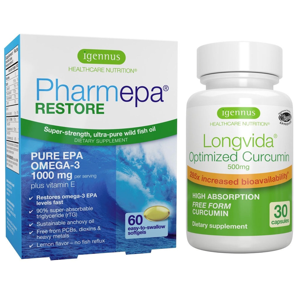 Pharmepa Restore & Longvida Lipidated Curcumin 500mg Bundle, 1000mg Pure EPA Omega-3 Fish Oil & Ultra Bioavailable Curcumin, by Igennus