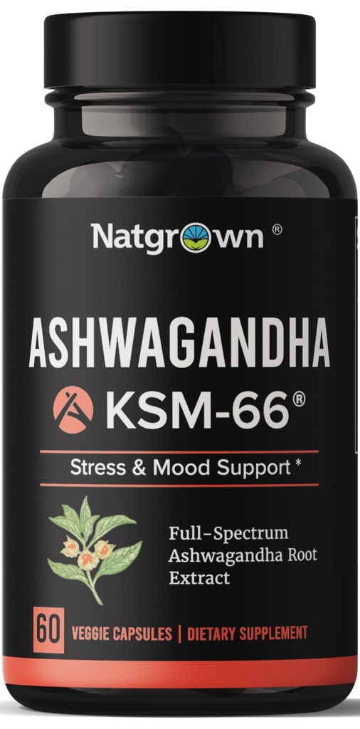 Natgrown Ashwagandha KSM 66 Συμπλήρωμα 600 mg - Άγχος, Mood, & Αθλητική Υποστήριξη - Βιολογικό εκχύλισμα ρίζας KSM66 με 5% Withanolides - Κάψουλες Vegan - 60 Count