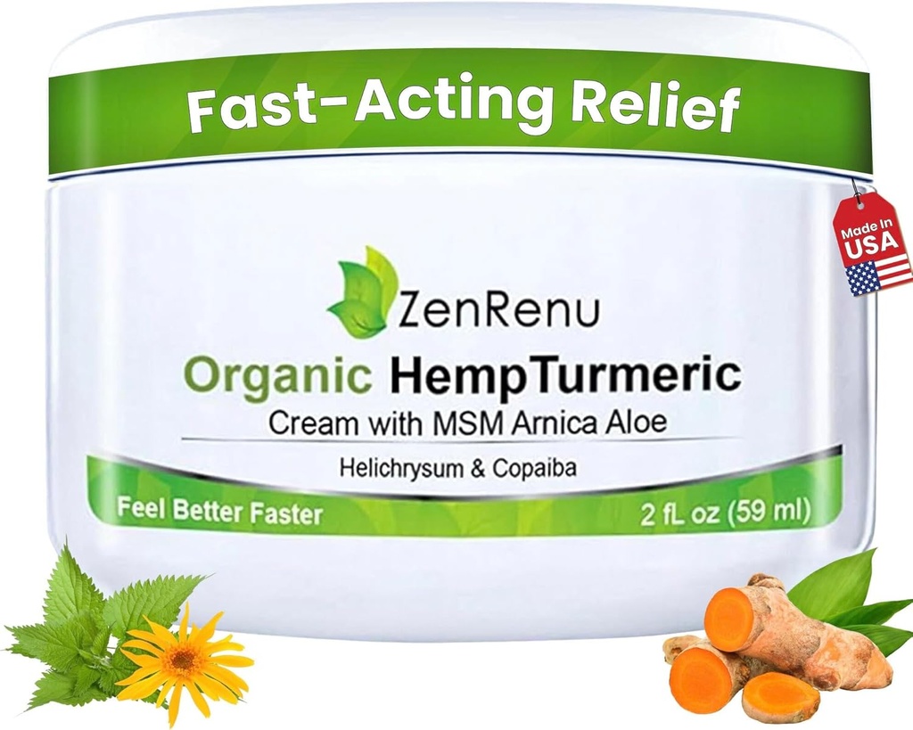 Zenrenu οργανικά Hemperic αρθρώσεις & κρέμα μυών με Arnica, MSM, εκχύλισμα λαδιού κάνναβης, & 7 αιθέρια έλαια - μη λιπαρή & γρήγορη απορρόφηση για πλάτη, λαιμό, αγκώνες, γόνατα, & Hip 2 oz