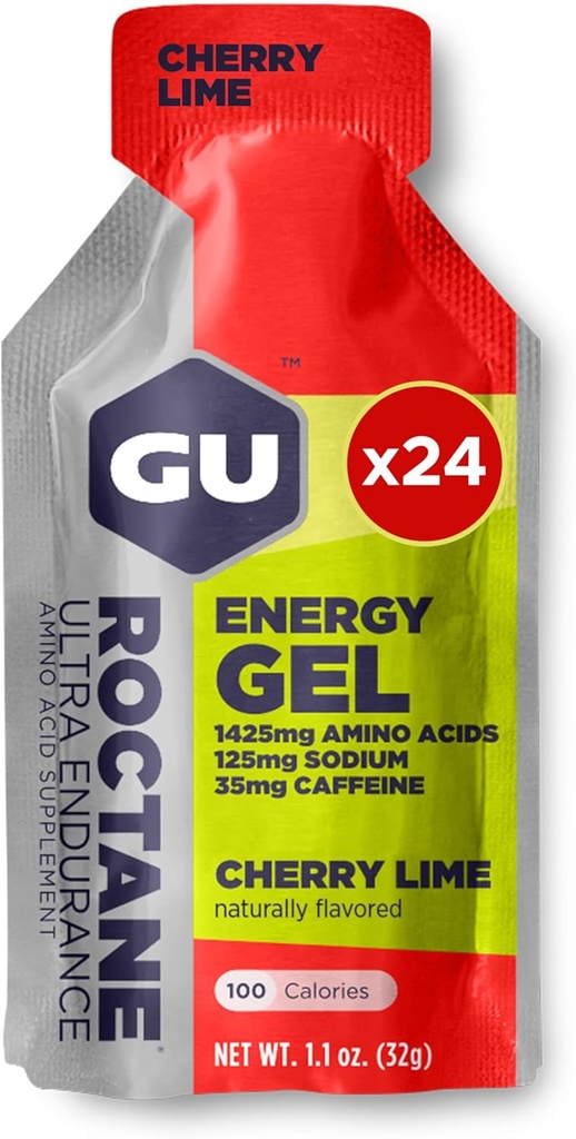 GU Energy Roctane Ultra Endurance Energy Gel, Vegan, Gluten-free, Kosher, και Dairy-free On-The-Go Sports Διατροφή για τρέξιμο, ποδηλασία, πεζοπορία ή σκι, 24 Count, Cherry Lime