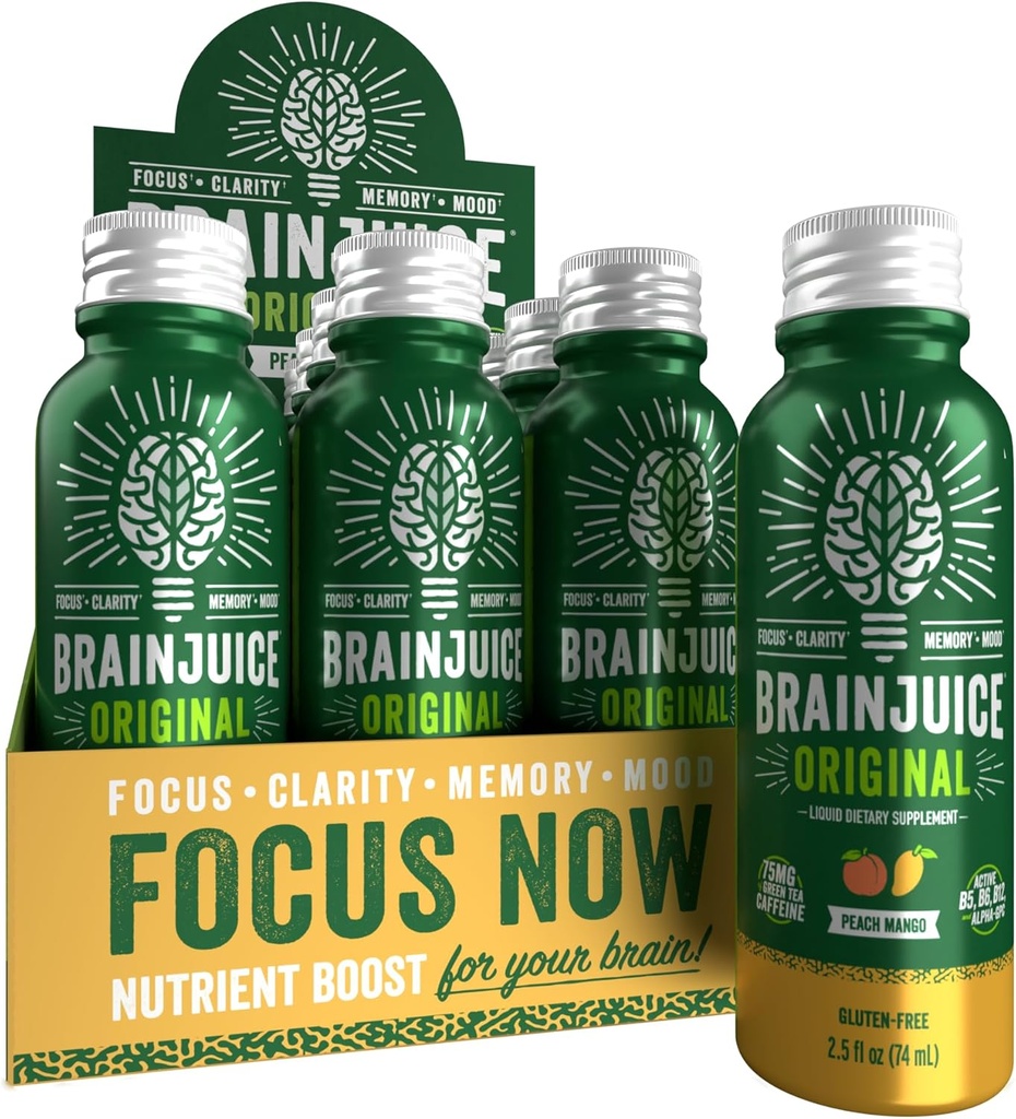 BrainJuice Brain Support Shot, Gluten Free Supplement Shots για ενέργεια & εστίαση, υγιεινά ποτά με Alpha GPC, βιταμίνη Β & Βιολογικό εκχύλισμα πράσινου τσαγιού Caffeine, Ροδάκινο Mango, 2,5 fl oz, 12 Pack