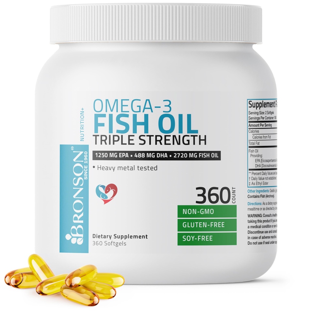 Bronson Omega 3 Fish Oil Triple Strength 2720 mg, High EPA 1250 mg DHA 488 mg, Μη ΓΤΟ Heavy Metal Tested, 360 Softgels