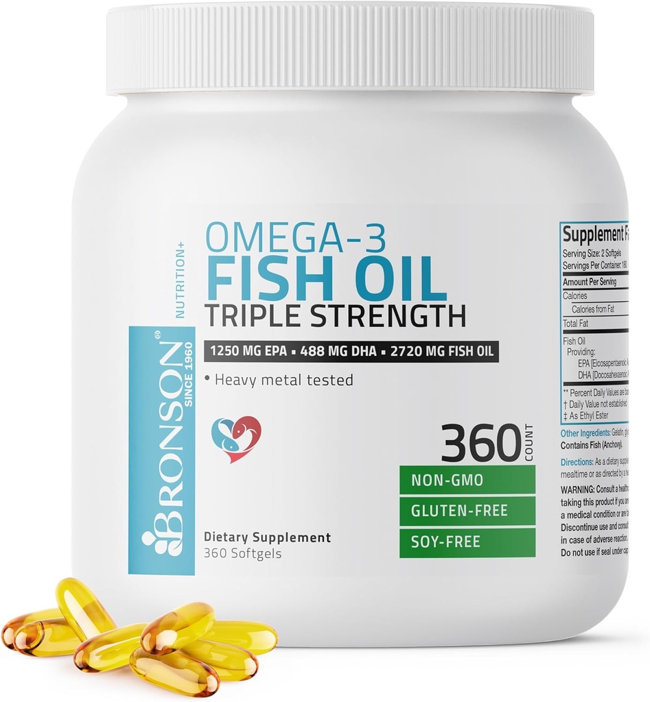Bronson Omega 3 Fish Oil Triple Strength 2720 mg, High EPA 1250 mg DHA 488 mg, Μη ΓΤΟ Heavy Metal Tested, 360 Softgels