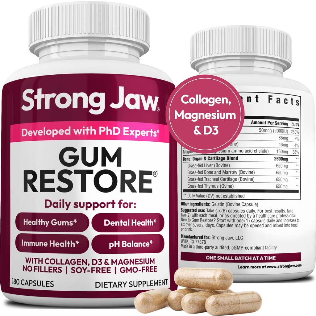 Gum Restore - Φροντίδα ούλων + Βιταμίνες δοντιών - Υγεία ούλων & στοματική υγεία - Υποστηρίζει Receding Gums & Gum Care - Οδοντιατρικές Βιταμίνες για ενήλικες – 180 κάψουλες, Συμπληρώματα Υγείας για μη ΓΤΟ