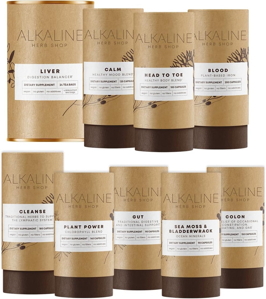 Alkaline Herb Shop The Body Essentials Bundle - Sea Moss & Bladderwrack, Chlorophyl, Iron, Happy Healthy Body, Happy Colon, Happy Lymph, Gut, Happy Liver Tea and Happy Mood