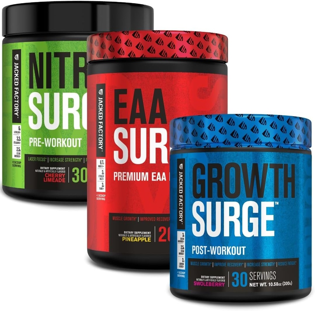 Προγυμνάστηκε εργοστάσιο Jacked Nitrosurge, EAA Surge Essential Amino Acids, Growth Surge Post Processing Builder Bundle