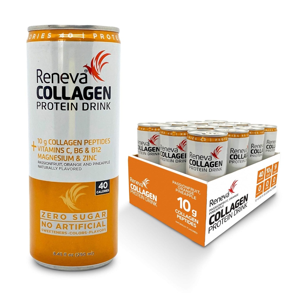 Reneva Collagen Protein Drink - 10g Collagen Peptides, Electrolytes, B-Vitamins, Zinc και Zero Sugar (Passionfruit Orange Pineapple)