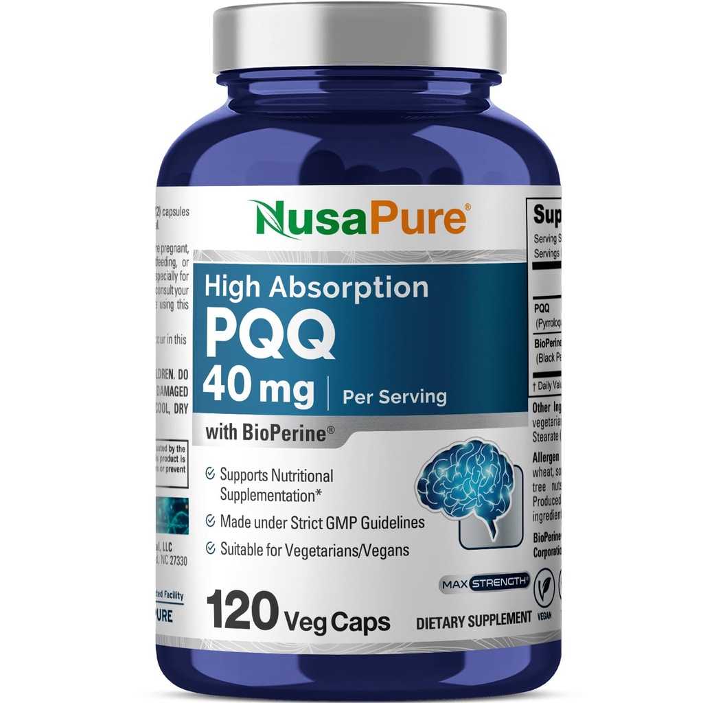 NusaPure PQQ Supplement 40 mg, 120 κάψουλες Veggie, μη ΓΤΟ, Pyrroloquinoline Quinone Disodium Salt, Bioperine