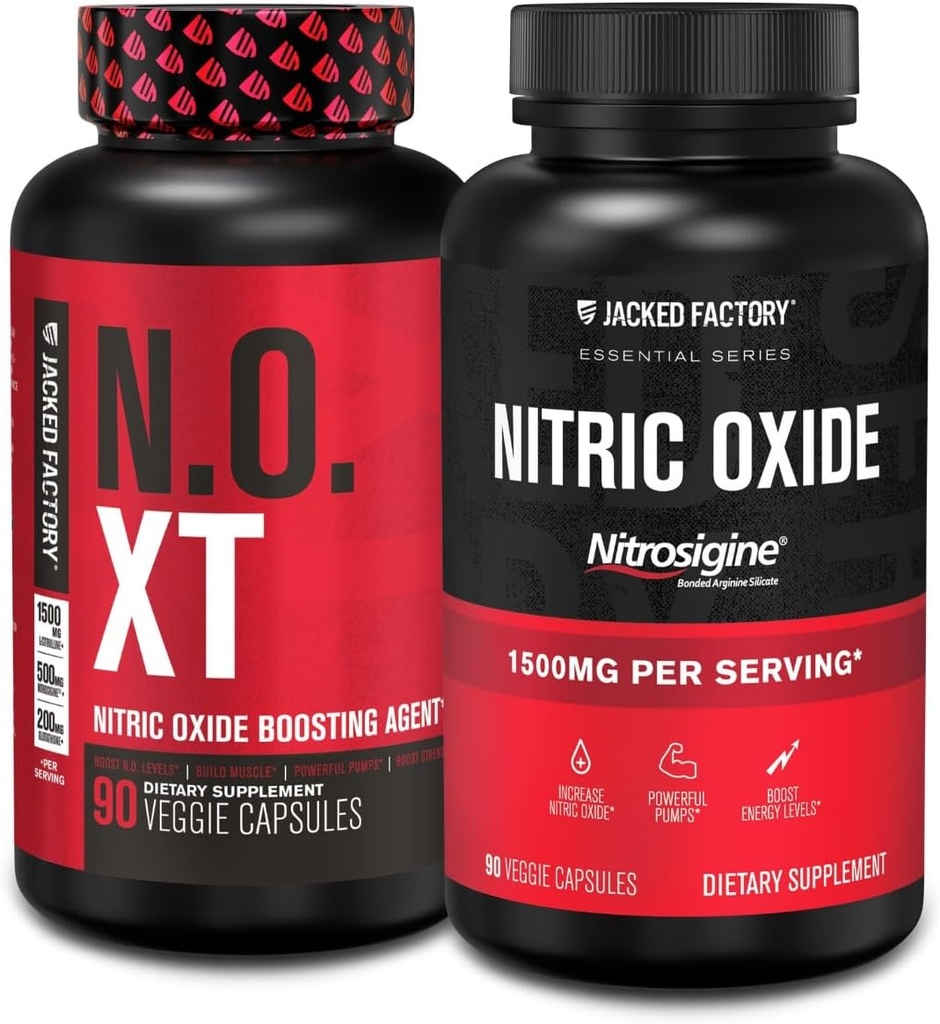 Jacked Factory N.O. XT Συμπλήρωμα οξειδίου του αζώτου (90 κάψουλες) & Nitrosigine L-αργινίνη Nitric Oxide Booster (90 κάψουλες) για ανάπτυξη μυών, αντλίες, αγγειότητα & ενέργεια