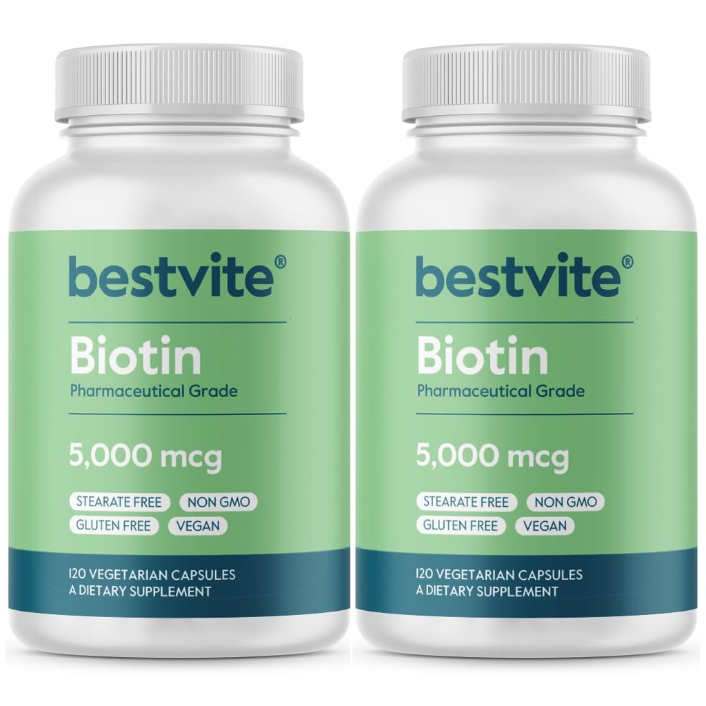 BESTVITE Biotin 5000mcg (240 κάψουλες χορτοφάγων) (120 x 2) - Δεν Stearates - Δεν Flow Agents - Vegan - Μη ΓΤΟ - Χωρίς γλουτένη - Μαλλιά, δέρμα, νύχια