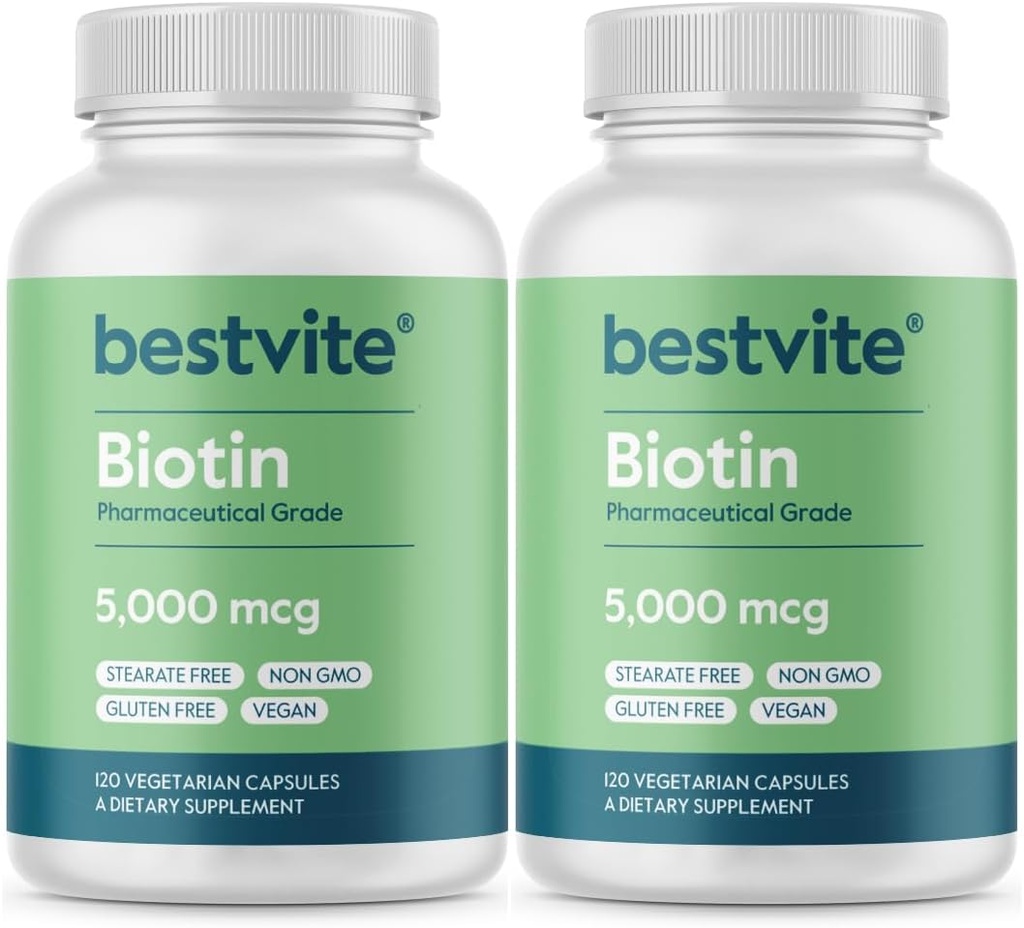BESTVITE Biotin 5000mcg (240 κάψουλες χορτοφάγων) (120 x 2) - Δεν Stearates - Δεν Flow Agents - Vegan - Μη ΓΤΟ - Χωρίς γλουτένη - Μαλλιά, δέρμα, νύχια