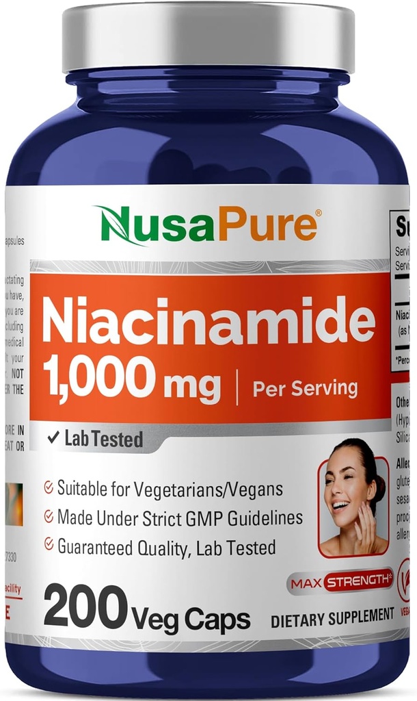 NusaPure Niacinamide 1000mg 200 κάψουλες λαχανικών (Non-GMO, Vegan) Flush Free