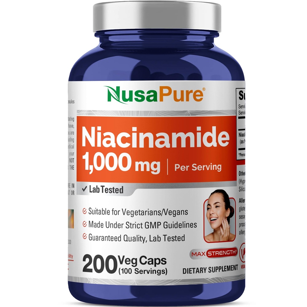 NusaPure Niacinamide 1000mg 200 Veggie Capsules (Non-GMO, Vegan) Flush Free