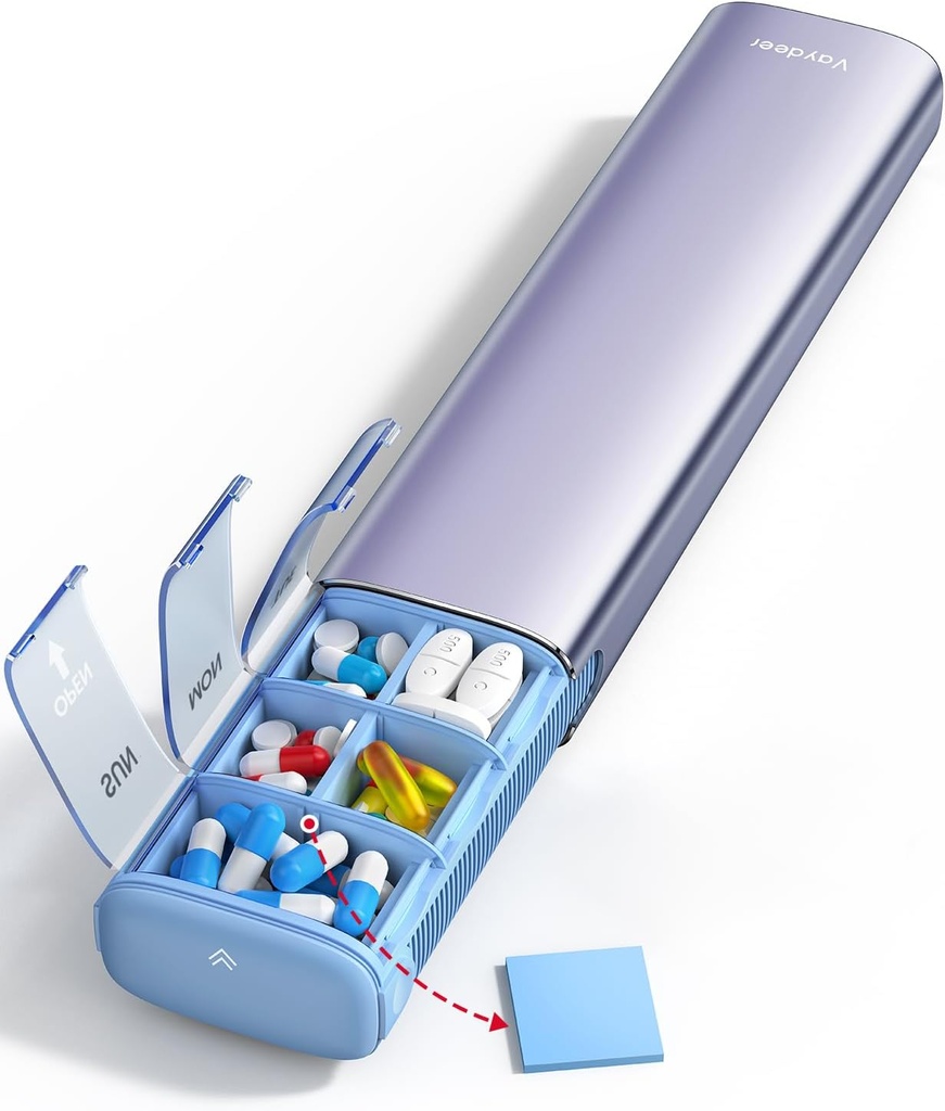 Vaydeer 7 Day Weekly Pill Organizer (Support 2 Times a Day), Metal Travel Pill Case, Large Capacity Daily Cute Pill Box for Supplements, Pills, Vitamins and Medication (Purple), 8.3*2.1*1.2 Inch