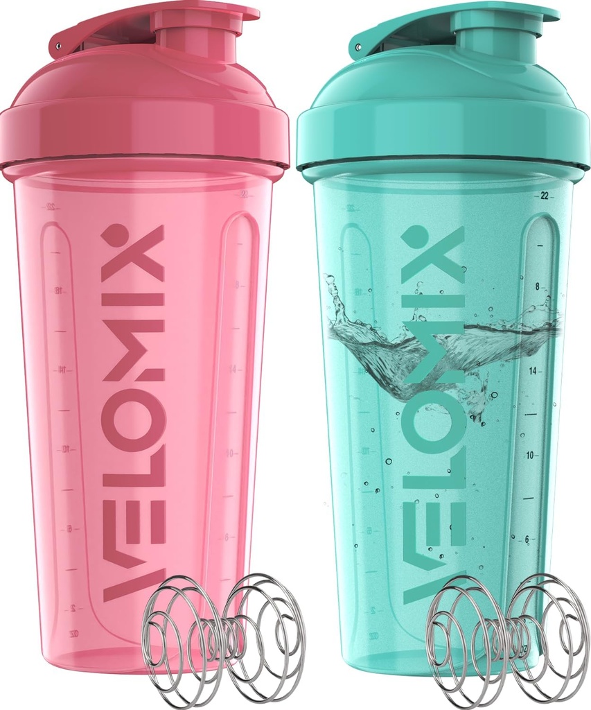 VELOMIX -2 Pack- 28 oz Protein Shaker Bottles for Protein Mixes - 2x Wire Whisk | Leak Proof Shaker Cups for Protein Shakes | Protein Shaker Bottle Pack (Pink/Turquise)