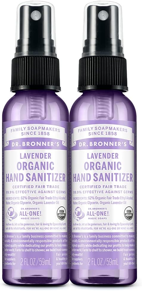 Dr. Bronner's - Organic Hand Sanitizer Spray (Lavender, 2 Ουγγιά, 2-Pack) - Απλή και αποτελεσματική Φόρμουλα, Καθαρίζει & Καθαρίζει, Δεν σκληρές χημικές ουσίες, Ενυδατώνει και Καθαρίζει τα Χέρια