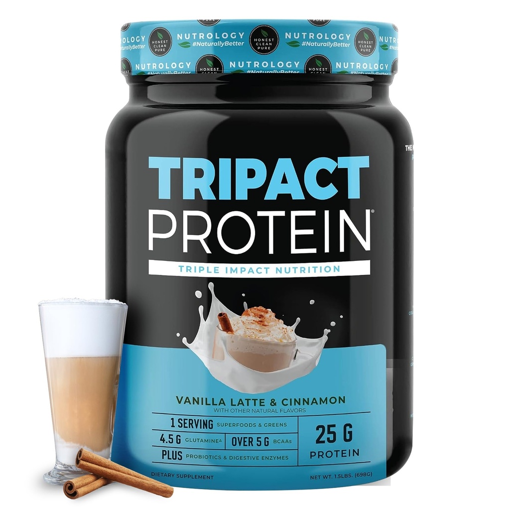Nutrology TRIPACT Protein Powder - 7-in-1 Αντικατάσταση γεύματος Ανακινήστε με Grass Fed Whey Protein Powder, Pea, Rice, Greens for Muscle Recovery & Immunity, Vanilla Latte & Cinnamon Flavor, 20 Υπηρεσίες