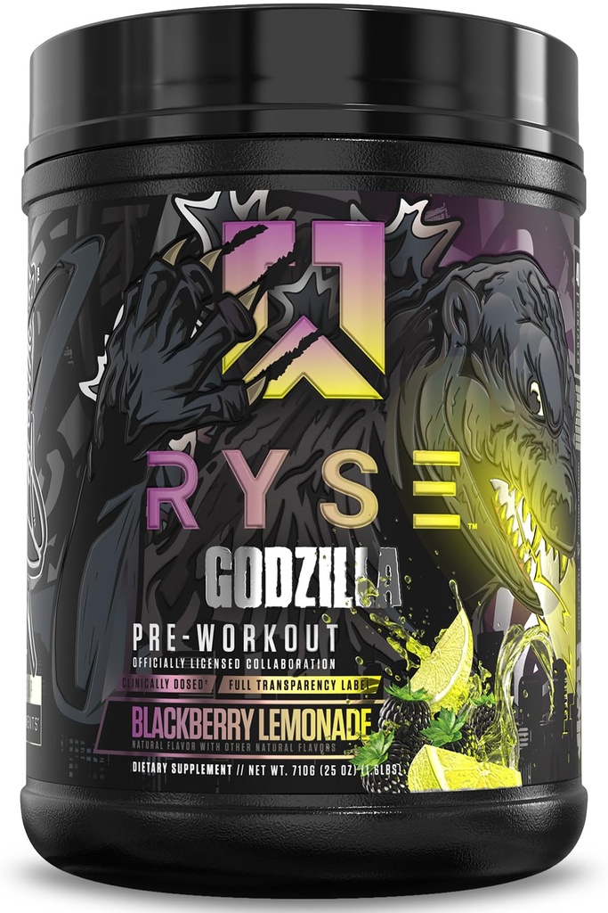 RYSE Godzilla X Noel Deyzel Pre Workout Powder - BlackBerry Lemonade - 400mg καφεΐνη, High Stim Pre-Women με Κιτρουλίνη & Beta Alanine - Ενέργεια, Αντλία & Εστίαση - 20/40 Σερβιέτες