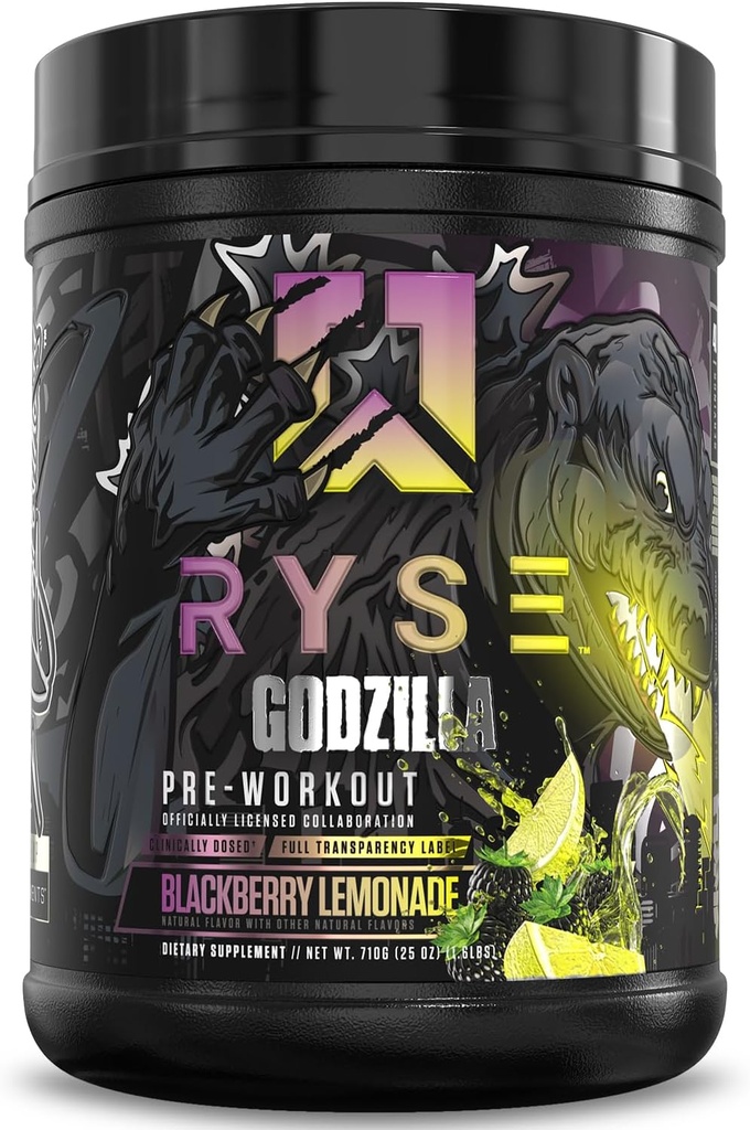 RYSE Godzilla X Noel Deyzel Pre Workout Powder - BlackBerry Lemonade - 400mg καφεΐνη, High Stim Pre-Women με Κιτρουλίνη & Beta Alanine - Ενέργεια, Αντλία & Εστίαση - 20/40 Σερβιέτες