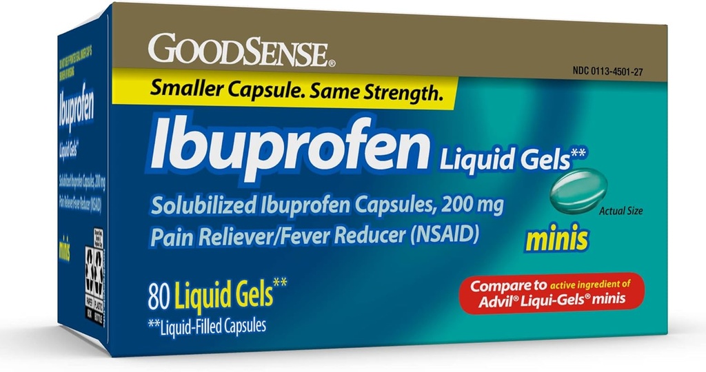 GoodSense Ibuprofen Mini Liquid-Gels, 200 mg, Καψάκια με Υγρό, Πόνο Reliever και Πυρετός Reucer, 80 Count