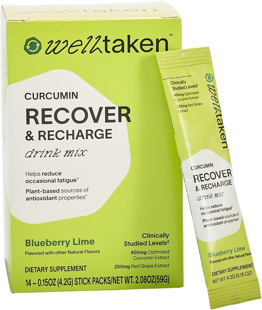 Turmeric Curcumin Recover Powder - Blueberry Lime, 14ct Box - 400mg Βελτιστοποιημένη Κουρκουμίνη, Ρόδι, Κόκκινο Σταφύλι - Βοηθά στη μείωση της περιστασιακής κόπωσης – Vegan, 14 υπηρεσίες