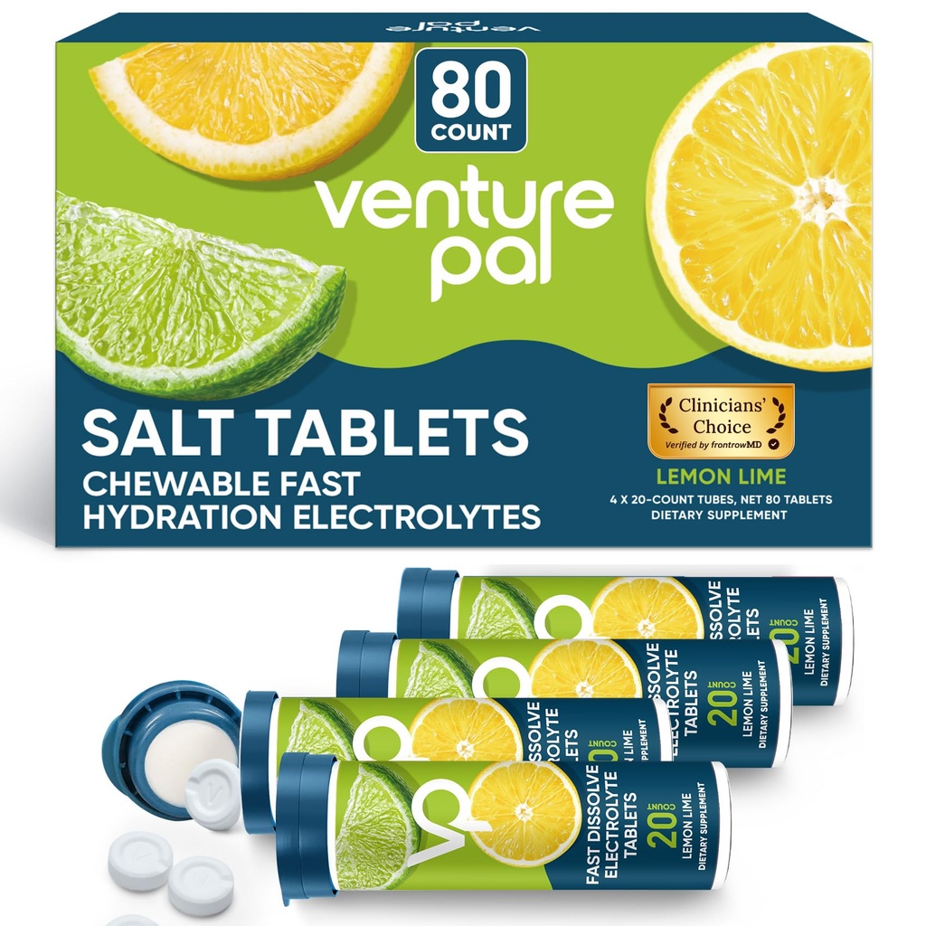 Venture Pal Chewable Electrolyte Tablets, 80 Count Fast-Dissolve Sugar-Free Stick Salt Tablets - Ποικιλία πακέτο για γρήγορη ενυδάτωση, Εξωτερική λειτουργία, Πεζοπορία, Αθλητισμός 
