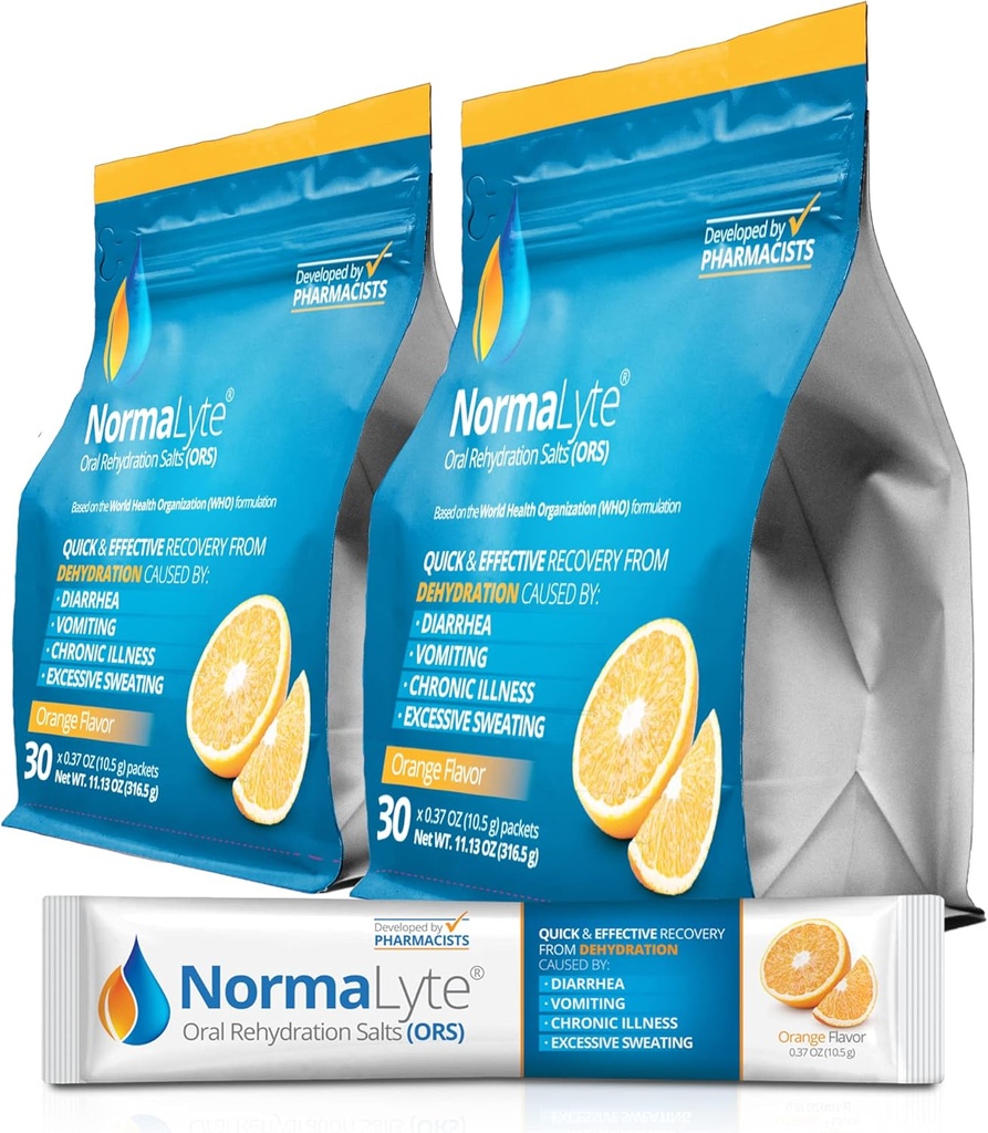 NormaLyte Oral Rehydration Salts-2 Pouches - 60 Sticks (Yields 500mL per Pack)-Orange| Energy Supplements, Potassium Supplement, Dehydration Recovery and Quick Absorption