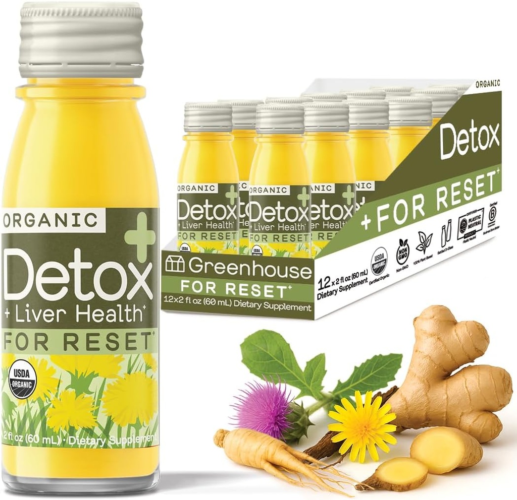 Θερμοκήπιο Χυμός Detox Wellness Shots Βιολογική Ανοσία Σφηνάκια Χυμός Ηπατική Υγεία + Αντιφλεγμονώδες με Ginseng, Γαϊδουράγκαθο Γάλα, και Dandelion Vegan & Gluten-Free (2 Oz, πακέτο των 12)