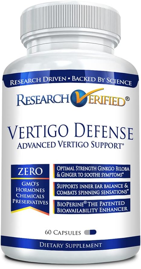 Research Verified Vertigo Defense - Soothe Symptoms and Support Inner Ear Balance - Vitamin D3, Ginger, Ginkgo Biloba, BioPerine - 60 Capsules