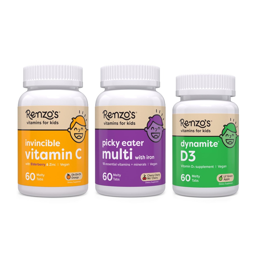 Renzo's Vitamins Immune Support Bundle - Vitamin C with Elderberry & Zinc for Immune Support, Picky Eater Kids Multivitamin, and Vitamin D3