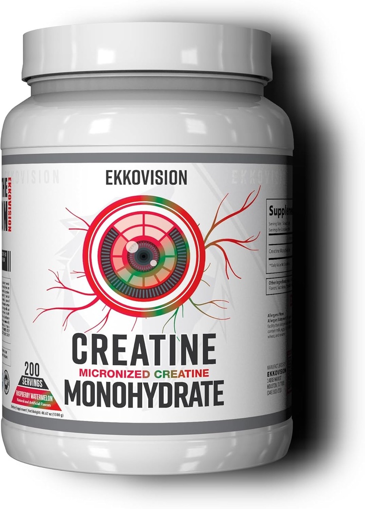 Ekkovision Creatine Monohydrate Powder, Micronized, Raspberry Watermelon, Pre & Post συμπλήρωμα προπόνησης για άνδρες και γυναίκες, Energy Support, Easy to Mix in Shakes, Smoothies & Beverages, 200 Services