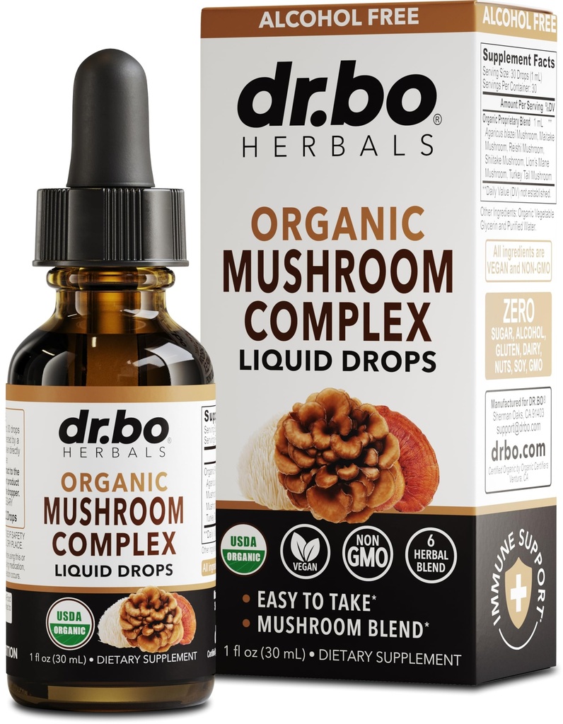 Organic Lions Mane Mushroom Complex - Mushroom Συμπλήρωμα Υγρές σταγόνες Βάμμα για Εστίαση, ομίχλη, Συμπληρώματα Εγκεφαλικής Υγείας - Vegan, Herbal Organic Lion's Mune Mushrooms, Reishi, Turkey Tail Extract 1oz