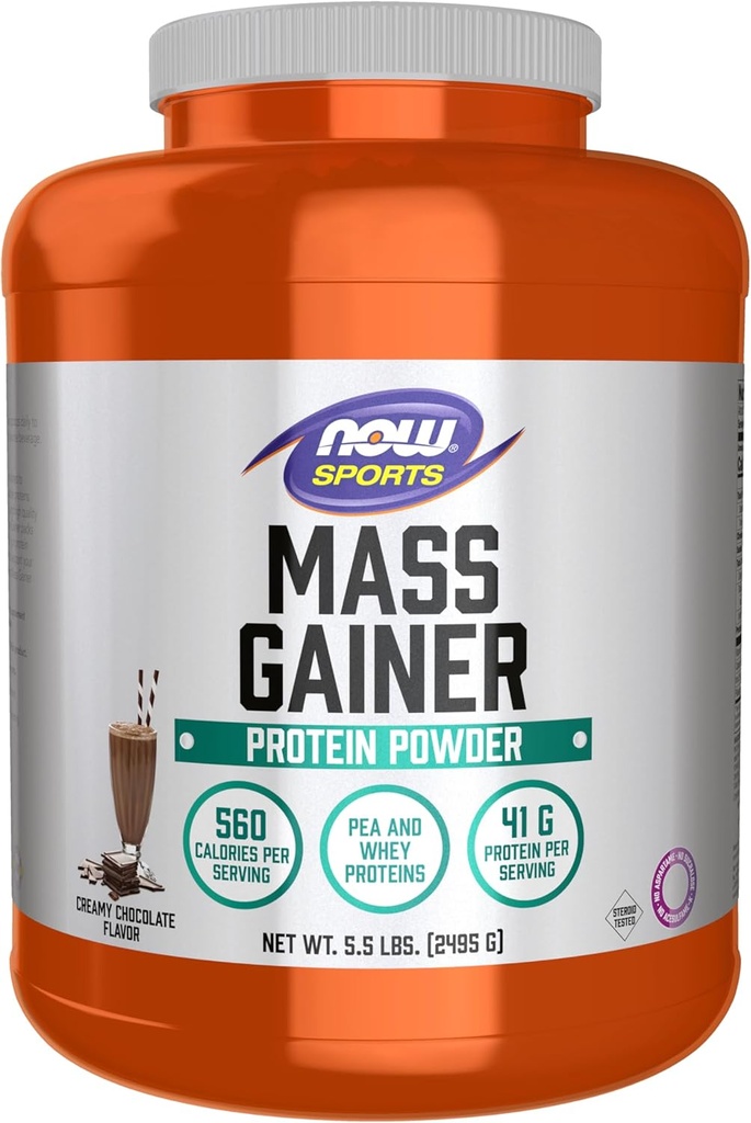 Τώρα Τρόφιμα Αθλητική Μάζα Gainer Protein Powder, Κρέμα Σοκολάτα Γεύση, Pea και Whey Protein Blend, 5,5 lbs.